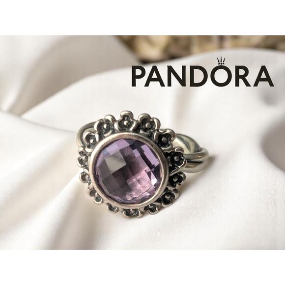 Pandora Sterling Silver Ring with Purple Stone – Vintage Floral Design – NWOT 54 - Picture 2 of 6